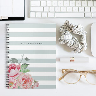 Pink Watercolor Peony & Mint Stripe Notebook