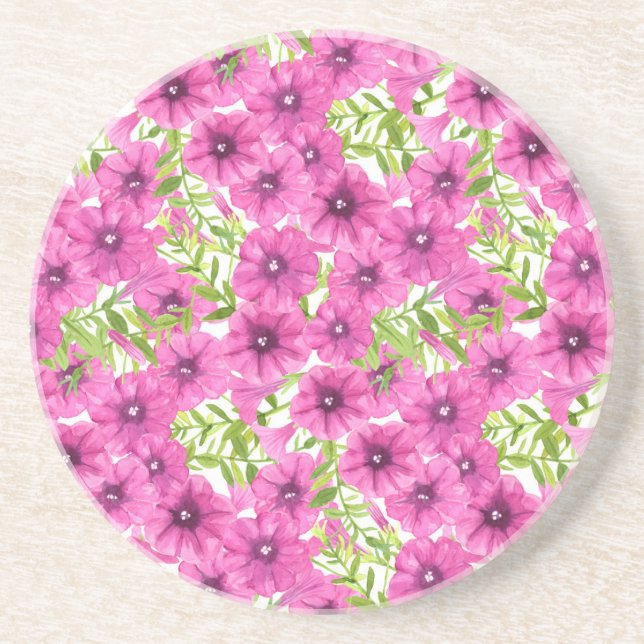 Pink watercolor petunia flower pattern coaster (Front)