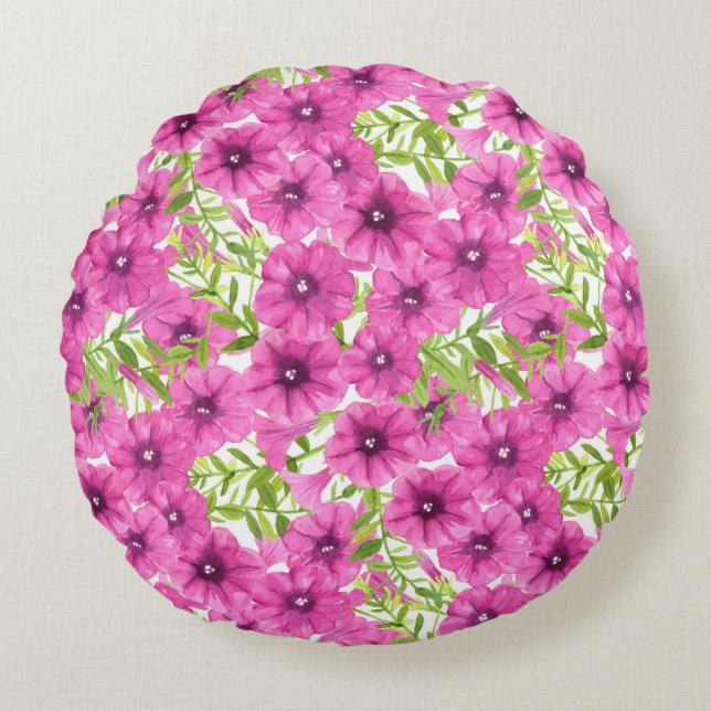 Pink watercolor petunia flower pattern round cushion (Front)