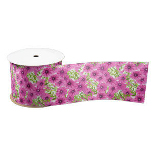 Pink watercolor petunia flower pattern satin ribbon
