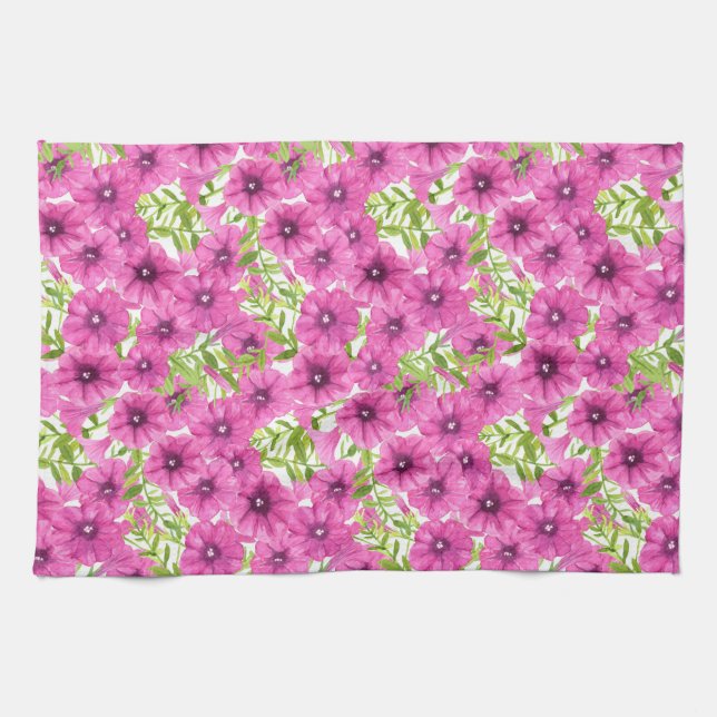Pink watercolor petunia flower pattern tea towel (Horizontal)
