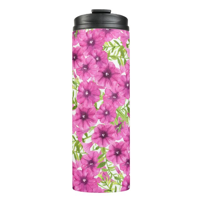 Pink watercolor petunia flower pattern thermal tumbler (Front)