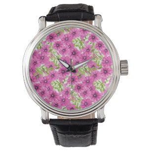 Pink watercolor petunia flower pattern watch