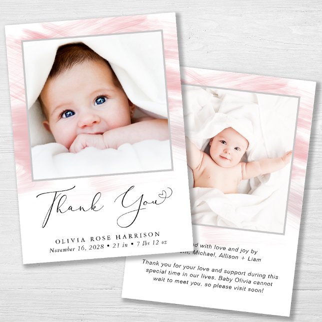 Pink Watercolor Photo Baby Girl Birth Announcement (A beautiful and unique way to thank family and friends and introduce them to your precious baby girl)