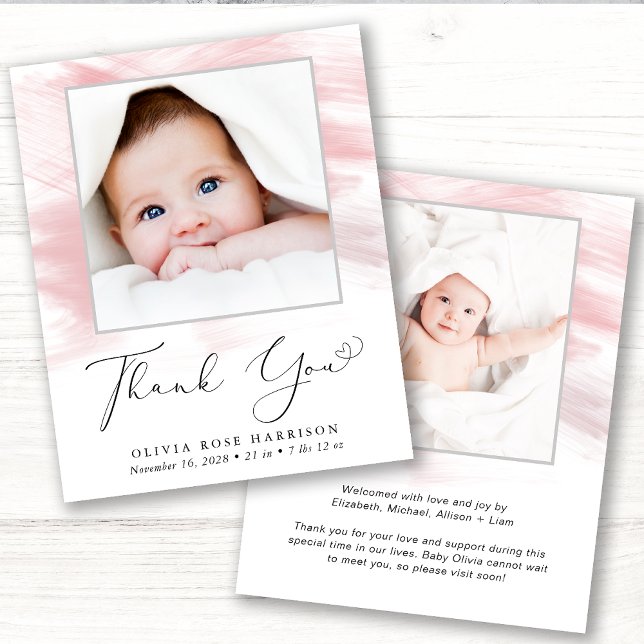 Pink Watercolor Photo Girl Birth Announcement (Creator Uploaded)