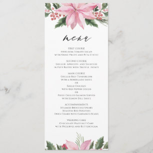 Pink Watercolor Poinsettia Floral Winter Wedding Menu