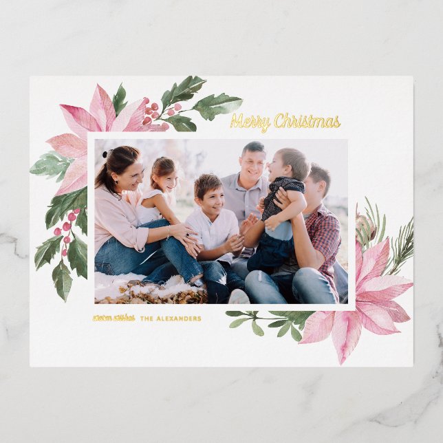 Pink Watercolor Poinsettia Frame Christmas Photo Foil Holiday Postcard (Front)