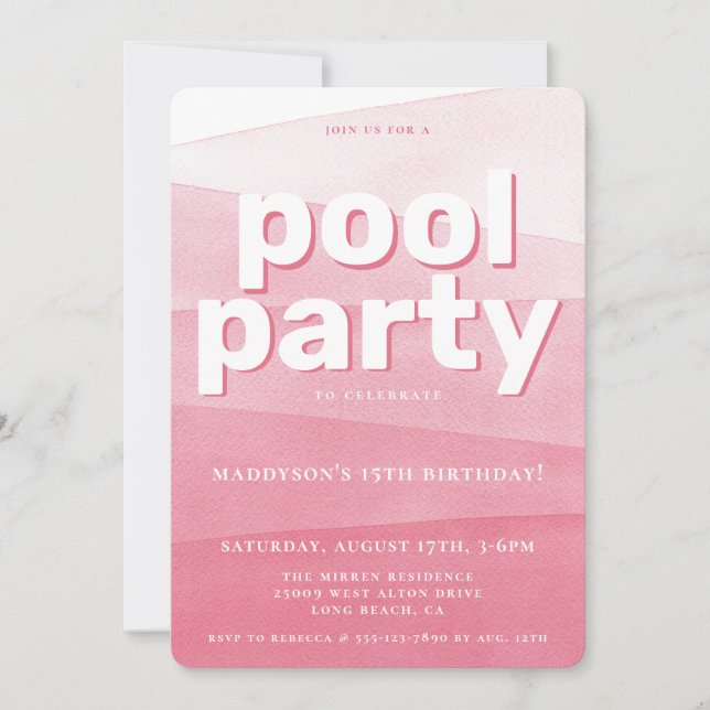 Pink Watercolor Pool Party Birthday Invitation (Front)