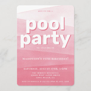 Pink Watercolor Pool Party Birthday Invitation