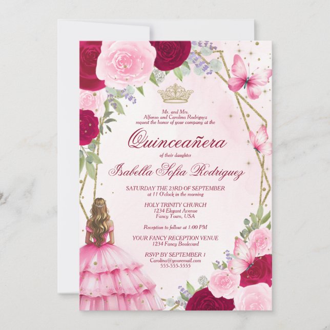 Pink Watercolor Princess Blonde Hair Quinceanera Invitation (Front)