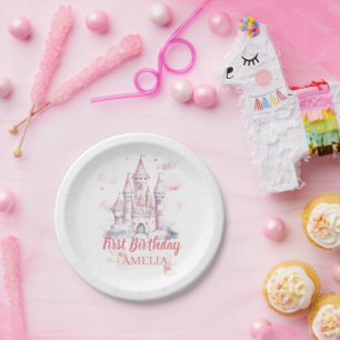Pink Watercolor Princess Castel Paper Plate