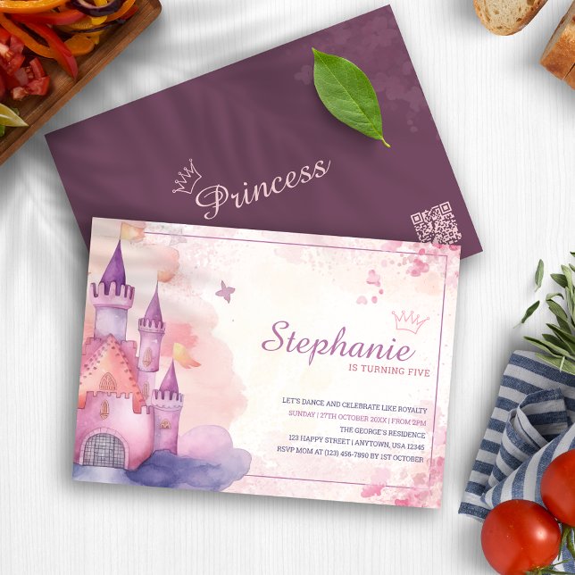 Pink Watercolor Princess Castle Birthday Party Invitation (Pink Watercolor Princess Castle Birthday Party Invitation)