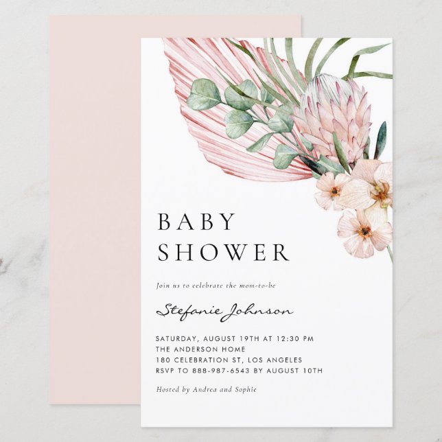 Pink Watercolor Protea Summer Baby Shower Invite (Front/Back)
