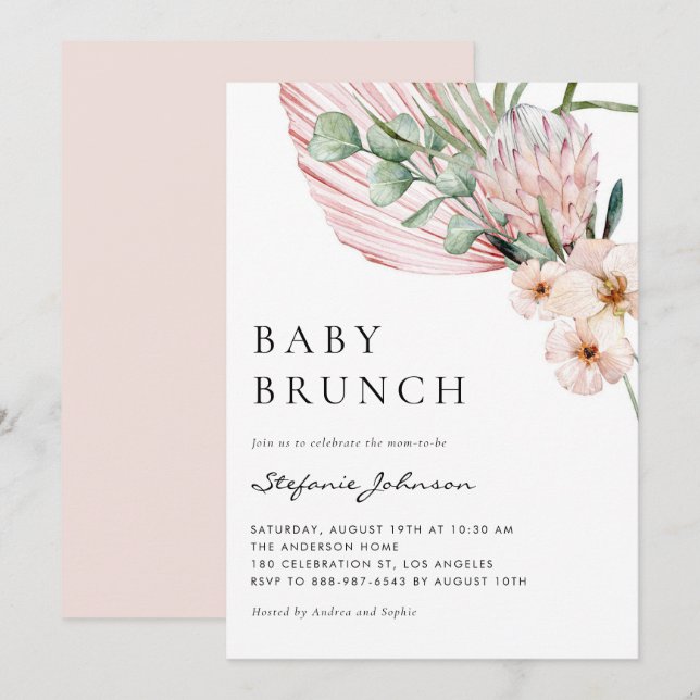 Pink Watercolor Protea Tropical Baby Brunch Invitation (Front/Back)