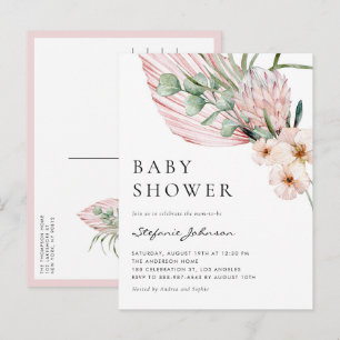 Pink Watercolor Protea Tropical Baby Shower Invitation Postcard