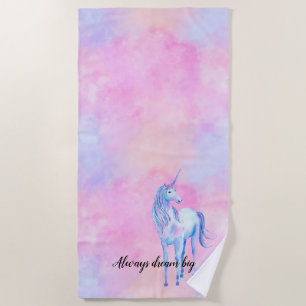 Pink Watercolor Purple Unicorn Beach Towel
