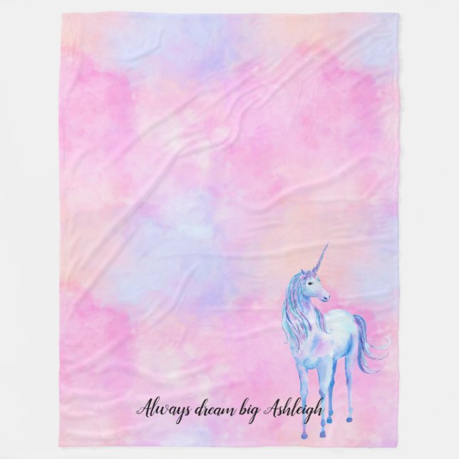 Pink Watercolor Purple Unicorn Fleece Blanket (Front)