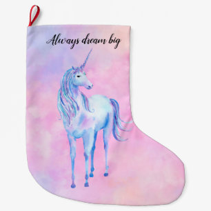 Pink Watercolor Purple Unicorn Large Christmas Stocking