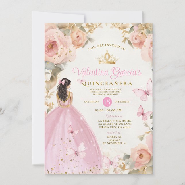 Pink Watercolor Quinceañera 15 Anos  Gold Crown Invitation (Front)
