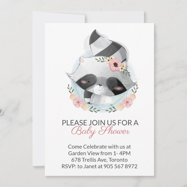 Pink Watercolor Racoon Virtual Baby Shower Invitation (Front)