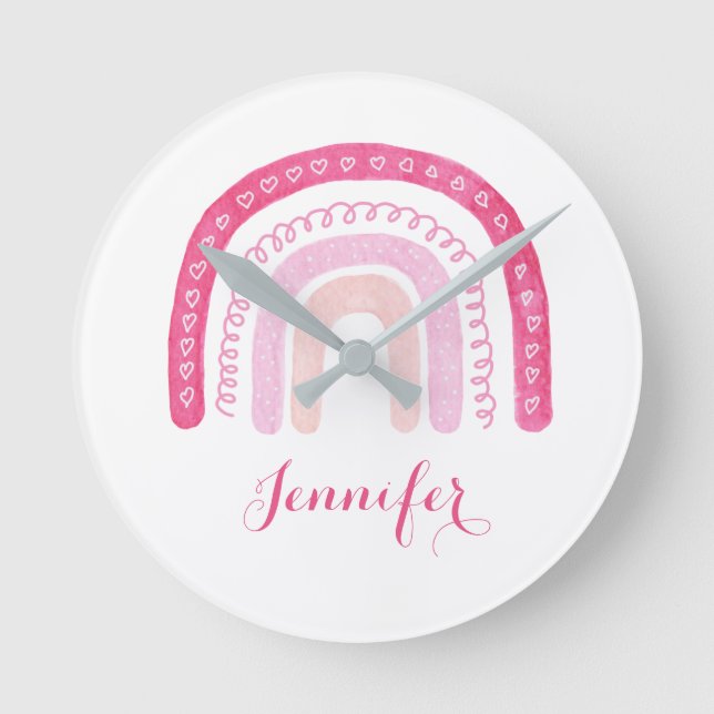 Pink Watercolor rainbow baby girl nursery Round Clock (Front)