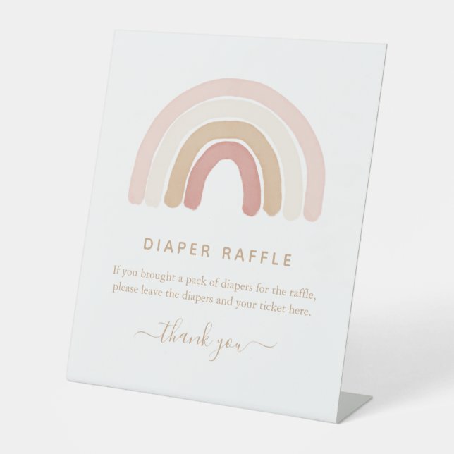 Pink Watercolor Rainbow Baby Shower Diaper Raffle Pedestal Sign (Front)