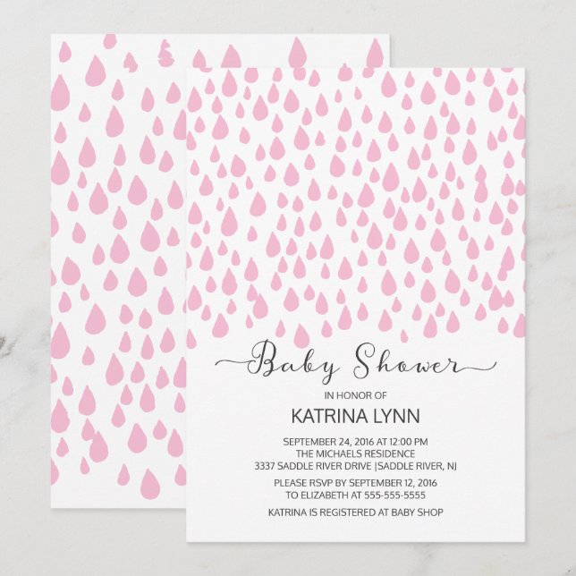Pink Watercolor Raindrops Girls Baby Shower Invitation (Front/Back)