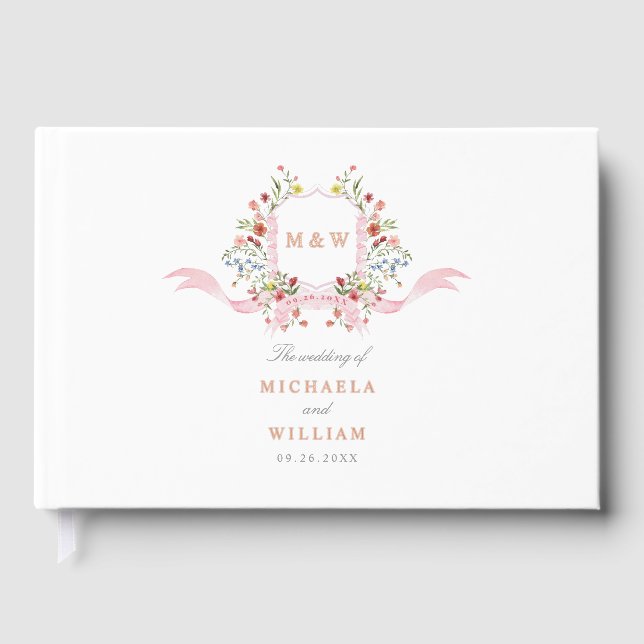 Pink Watercolor Regency Botanical Crest Wedding Guest Book (Front)