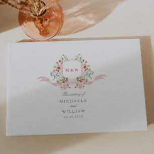 Pink Watercolor Regency Botanical Crest Wedding Guest Book