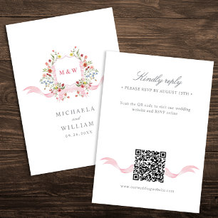 Pink Watercolor Regency Crest QR Online Wedding RSVP Card