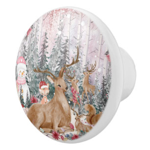 Pink Watercolor Reindeer, Snowman Merry Christmas Ceramic Knob