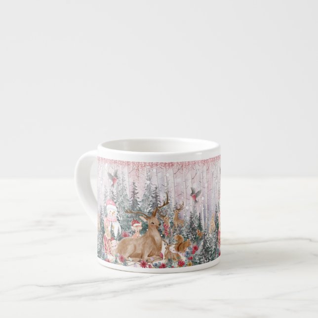 Pink Watercolor Reindeer, Snowman Merry Christmas Espresso Cup (Front Left)