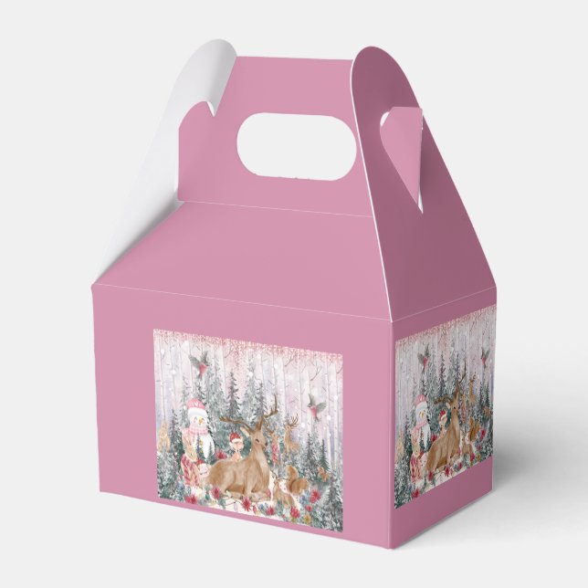 Pink Watercolor Reindeer, Snowman Merry Christmas Favour Box (Back Side)