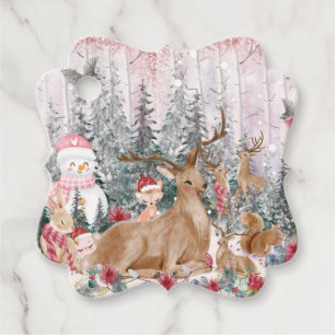 Pink Watercolor Reindeer, Snowman Merry Christmas Favour Tags