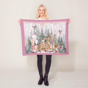 Pink Watercolor Reindeer, Snowman Merry Christmas Fleece Blanket