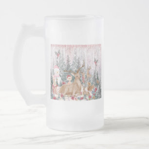 Pink Watercolor Reindeer, Snowman Merry Christmas Frosted Glass Beer Mug