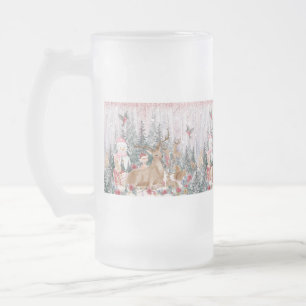 Pink Watercolor Reindeer, Snowman Merry Christmas Frosted Glass Beer Mug