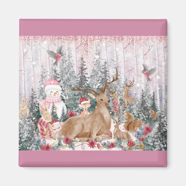 Pink Watercolor Reindeer, Snowman Merry Christmas Magnet (Front)
