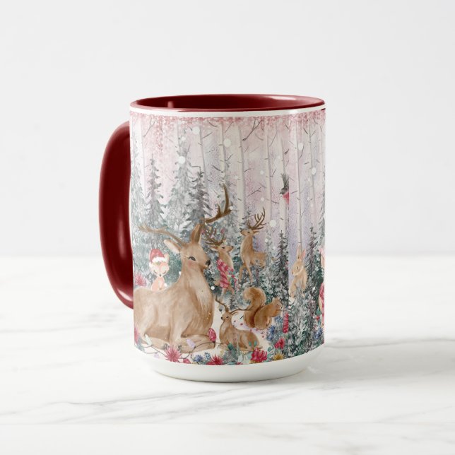 Pink Watercolor Reindeer, Snowman Merry Christmas Mug (Front Left)