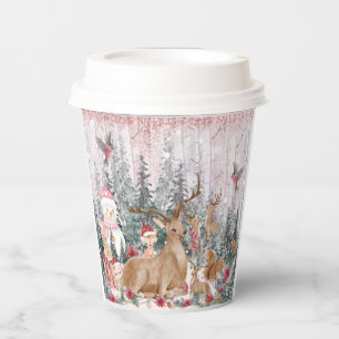 Pink Watercolor Reindeer, Snowman Merry Christmas Paper Cups