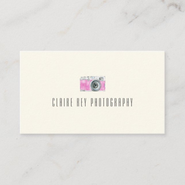 Pink Watercolor Retro Camera Photographer Logo Business Card (Front)