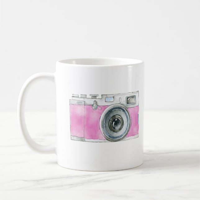 Pink Watercolor Retro Camera Photographer Logo Coffee Mug (Left)