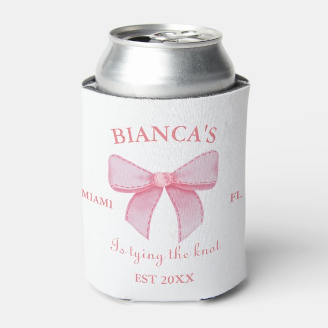 Pink Watercolor Ribbon Blush Bachelorette party Can Cooler (Can Front)