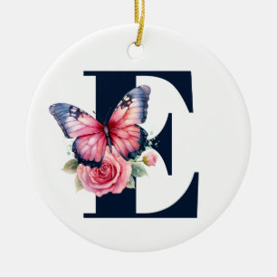Pink Watercolor Rose Butterfly Navy Monogram Photo Ceramic Tree Decoration