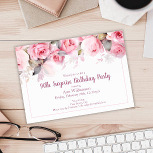 Pink Watercolor Rose Floral 90th Surprise Birthday Invitation