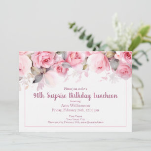 Pink Watercolor Rose Flower 90th Surprise Birthday Invitation