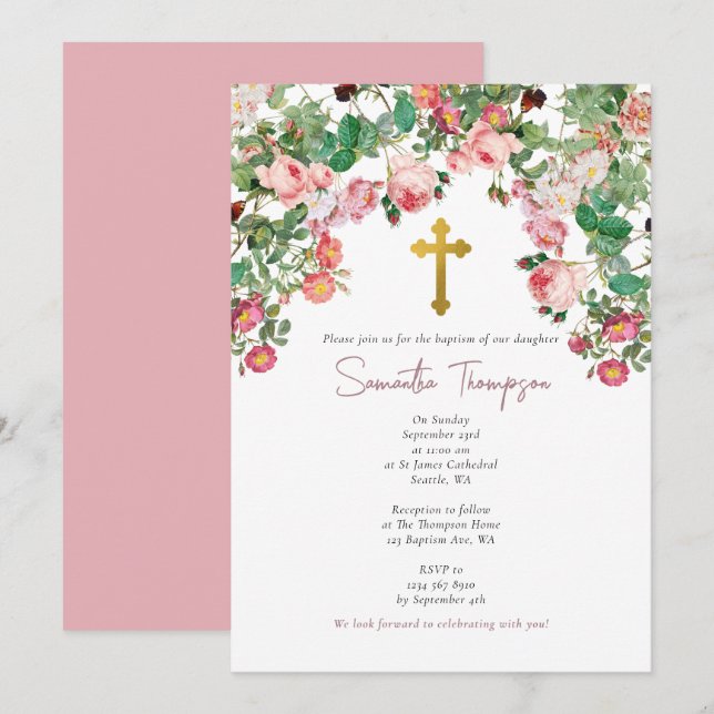 Pink Watercolor Rose Flower Garden Girl Baptism Invitation (Front/Back)