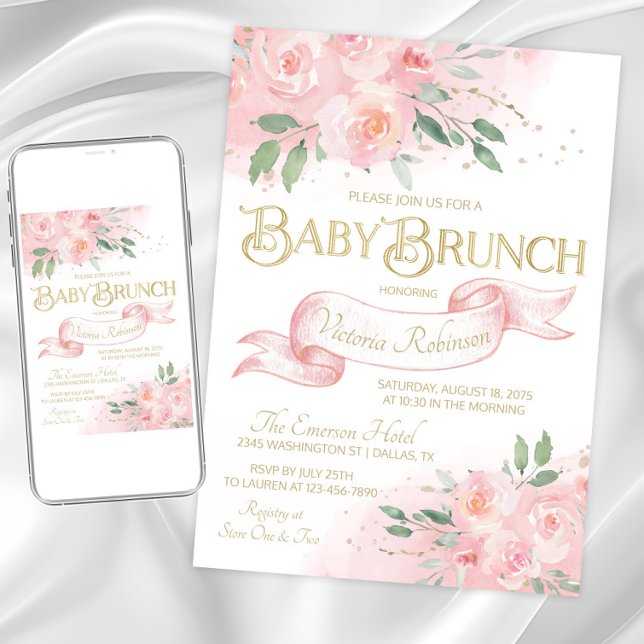 Pink Watercolor Rose Girl Baby Shower Brunch Invitation (Pretty blush pink baby brunch invitation. Instant download and printed invitations available.)