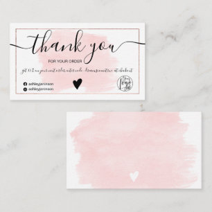 Pink watercolor rose gold foil order thank you business card