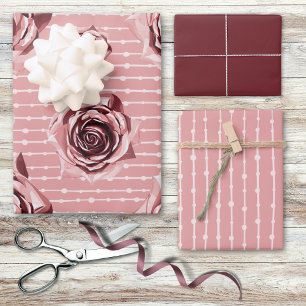 Pink Watercolor Rose Lines and dots multi Wrapping Paper Sheet